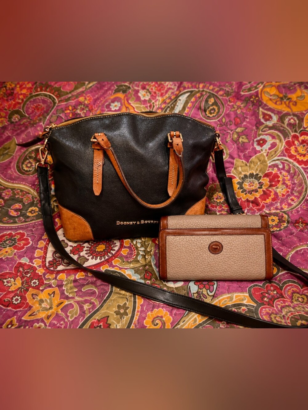 Dooney & Bourke Black and Brown Leather Satchel And Wallet